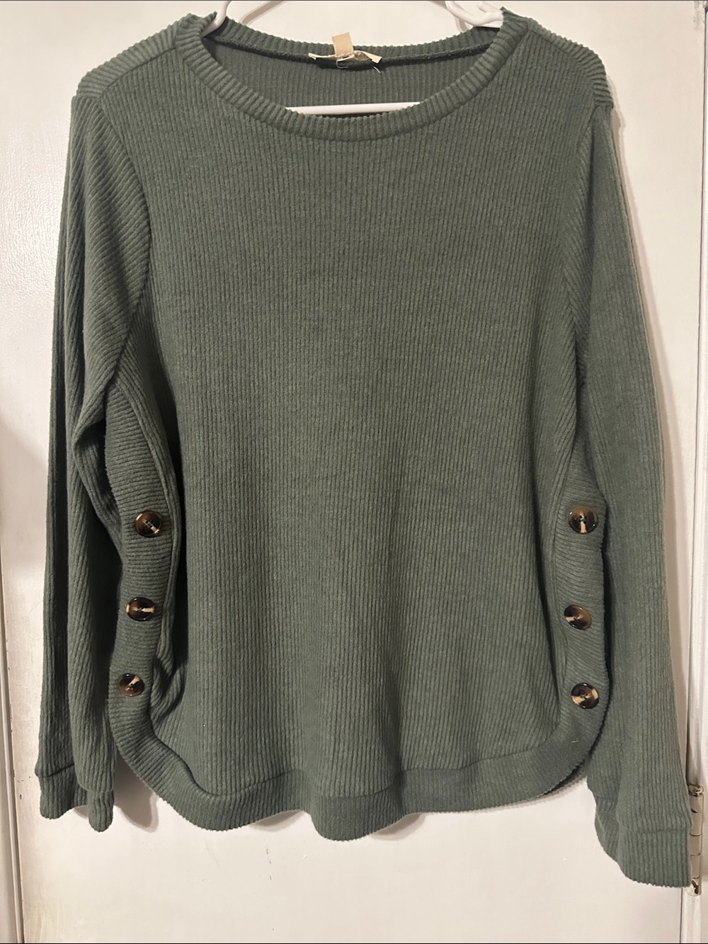 Button-Sleeve Ribbed Crewneck Sweater in Sage Green